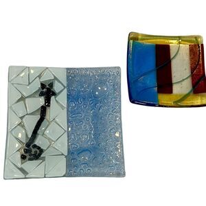 Artisan Hand Crafted Fused Art Glass Mosaic Square Mini Dishes  - 2 Pcs